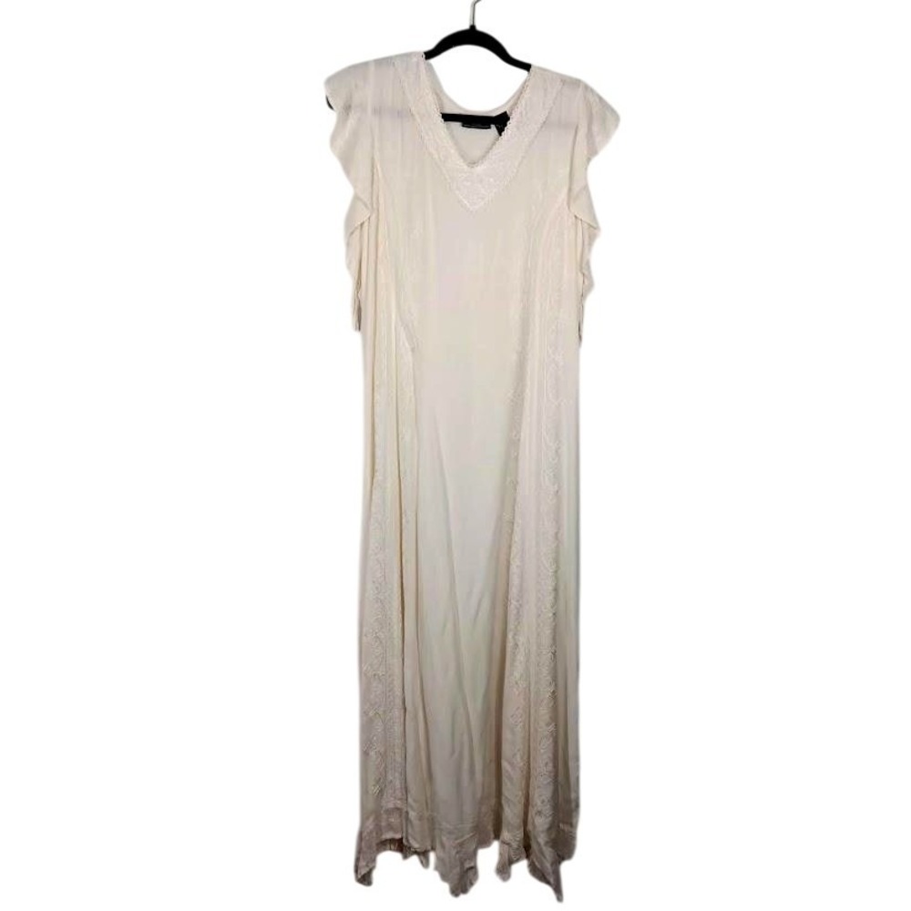 First‎ Vision By Shirin Dress Womens Large White Embroidered Maxi Flutter Sleeve